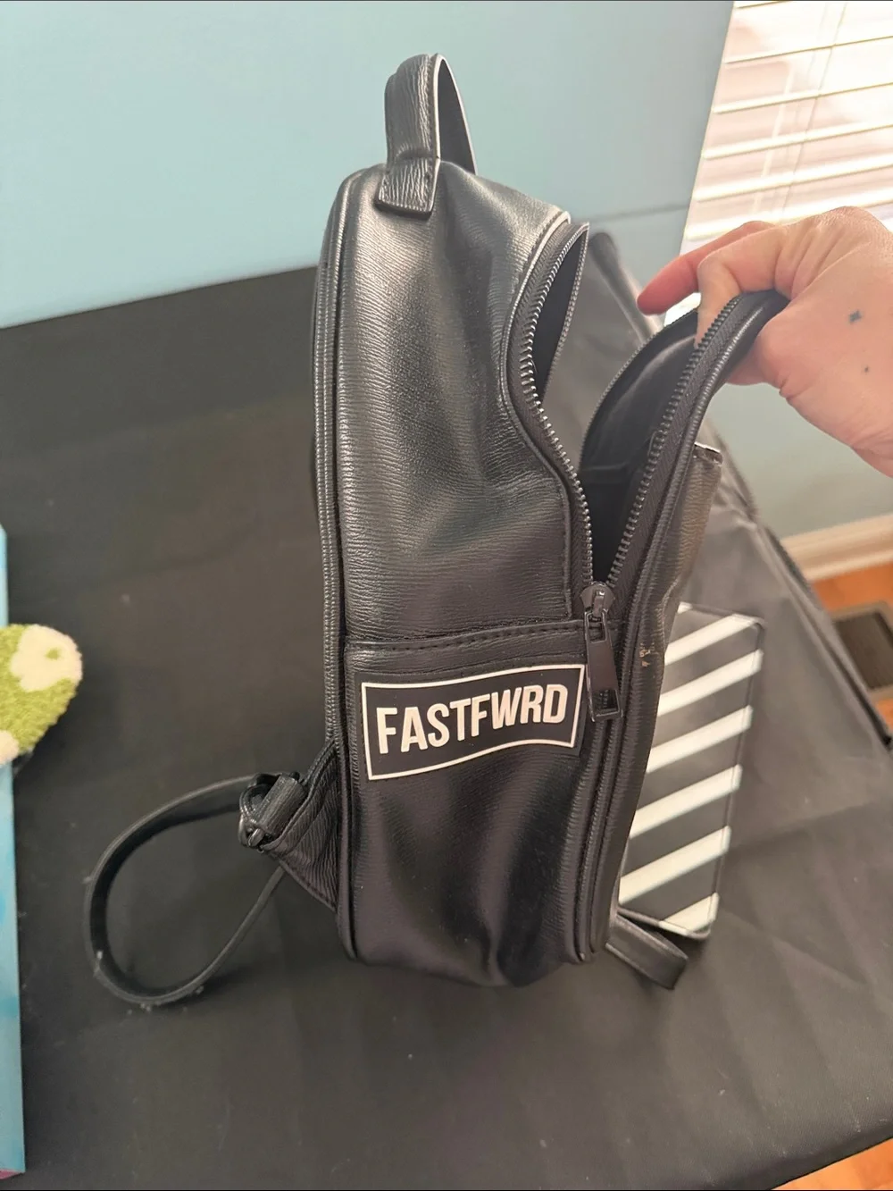 Aldo Black Mini Backpack with Cream Diagonal Stripes